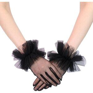 Women's Evening Black Ruffles Tulle Mesh Short Gloves Party Tea Wedding Prom